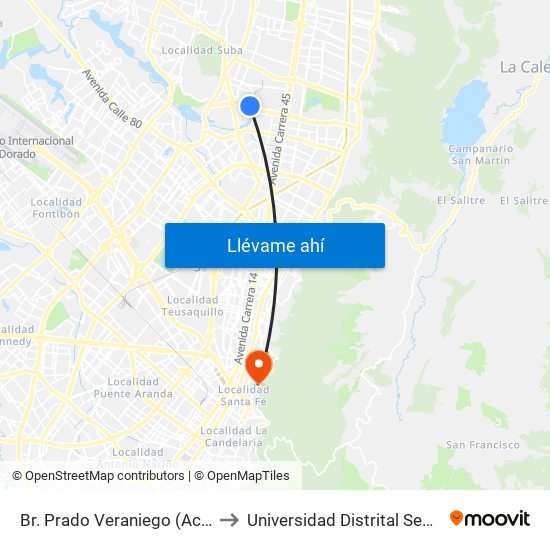 Br. Prado Veraniego (Ac 127 - Kr 56b) to Universidad Distrital Sede Macarena A map