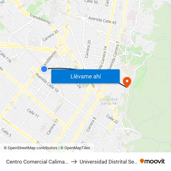 Centro Comercial Calima (Ac 22 - Kr 29a) to Universidad Distrital Sede Macarena A map