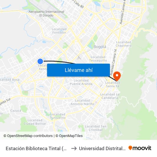 Estación Biblioteca Tintal (Av. Américas - Kr 82) (A) to Universidad Distrital Sede Macarena A map