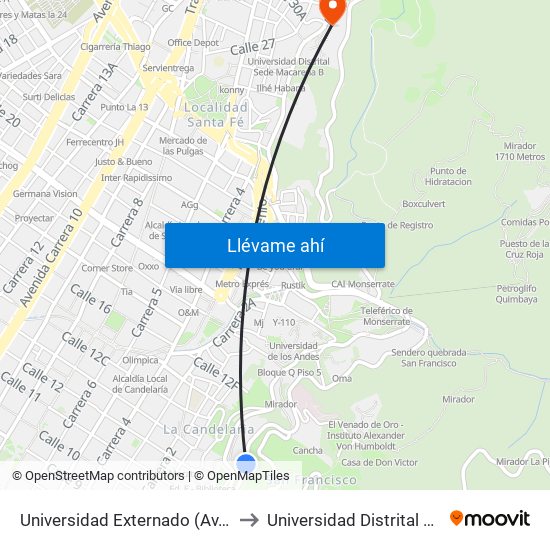 Universidad Externado (Av. Circunvalar - Cl 12) to Universidad Distrital Sede Macarena A map