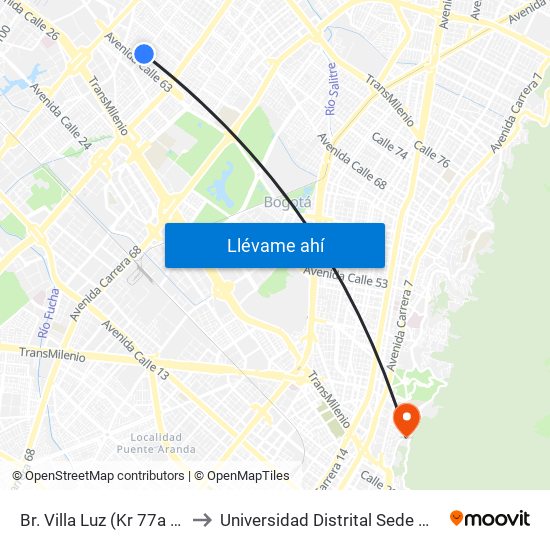 Br. Villa Luz (Kr 77a - Cl 63c) to Universidad Distrital Sede Macarena A map