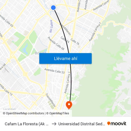 Cafam La Floresta (Ak 68 - Cl 98) (A) to Universidad Distrital Sede Macarena A map