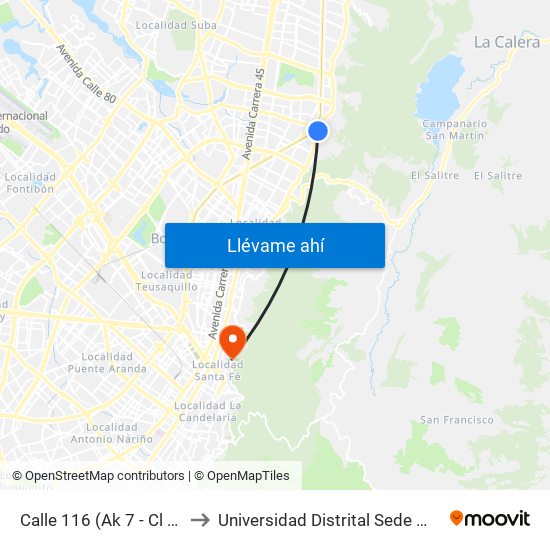 Calle 116 (Ak 7 - Cl 116) (A) to Universidad Distrital Sede Macarena A map