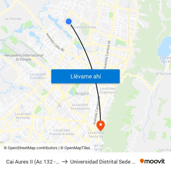 Cai Aures II (Ac 132 - Kr 103a) to Universidad Distrital Sede Macarena A map