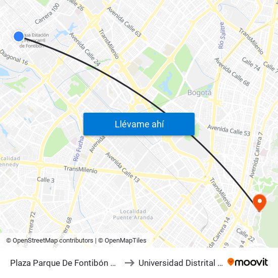 Plaza Parque De Fontibón Kr 100 (Kr 100 - Cl 17a) to Universidad Distrital Sede Macarena A map