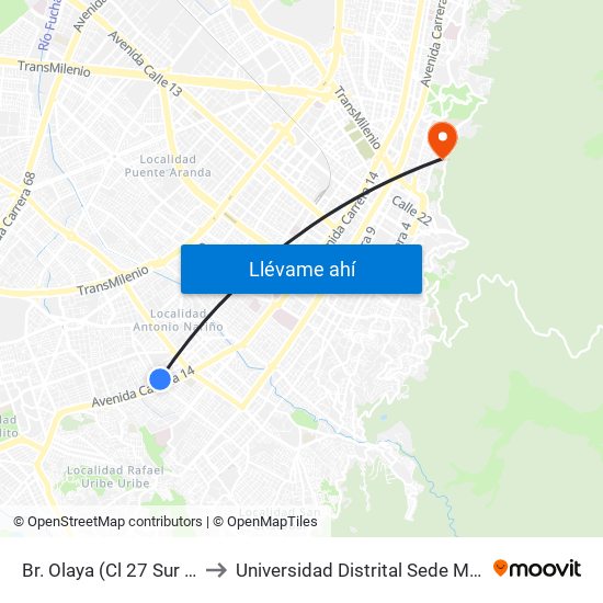 Br. Olaya (Cl 27 Sur - Kr 16) to Universidad Distrital Sede Macarena A map