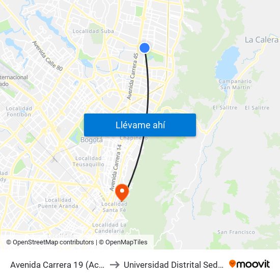 Avenida Carrera 19 (Ac 134 - Ak 19) to Universidad Distrital Sede Macarena A map