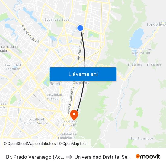 Br. Prado Veraniego (Ac 134 - Kr 49a) to Universidad Distrital Sede Macarena A map