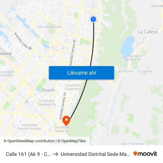 Calle 161 (Ak 9 - Cl 161) to Universidad Distrital Sede Macarena A map