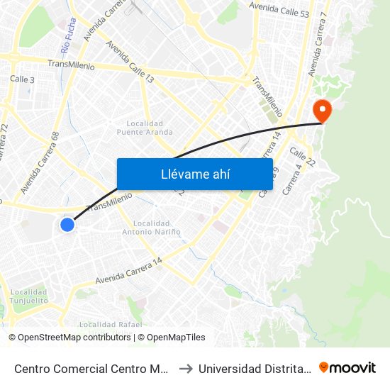Centro Comercial Centro Mayor (Dg 39a Sur - Tv 38a) to Universidad Distrital Sede Macarena A map