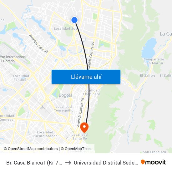 Br. Casa Blanca I (Kr 76 - Cl 146c) to Universidad Distrital Sede Macarena A map