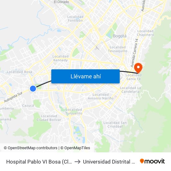 Hospital Pablo VI Bosa (Cl 63 Sur - Kr 77g) (A) to Universidad Distrital Sede Macarena A map