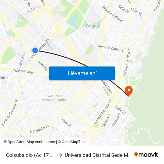 Colsubsidio (Ac 17 - Ak 68) to Universidad Distrital Sede Macarena A map