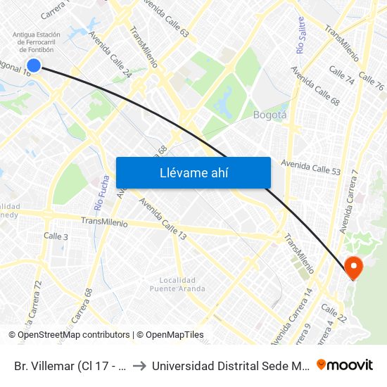 Br. Villemar (Cl 17 - Kr 96b) to Universidad Distrital Sede Macarena A map