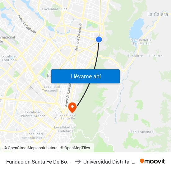 Fundación Santa Fe De Bogotá (Ak 9 - Cl 117a) to Universidad Distrital Sede Macarena A map