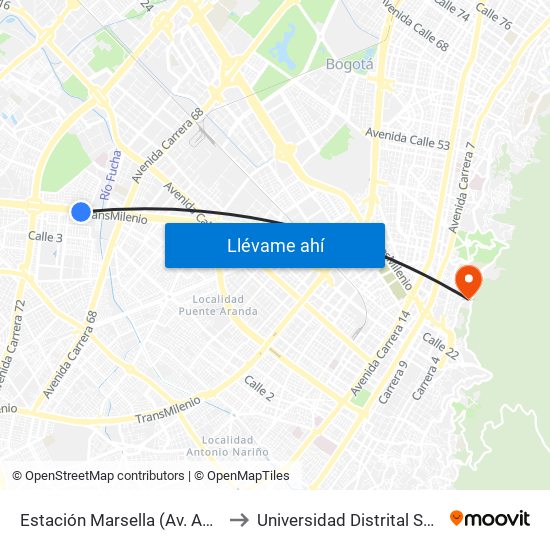 Estación Marsella (Av. Américas - Kr 69b) to Universidad Distrital Sede Macarena A map