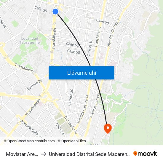 Movistar Arena to Universidad Distrital Sede Macarena A map