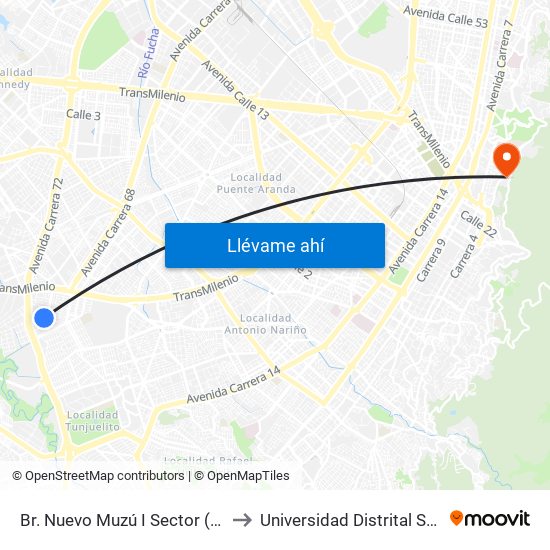 Br. Nuevo Muzú I Sector (Dg 51 Sur - Kr 54) to Universidad Distrital Sede Macarena A map