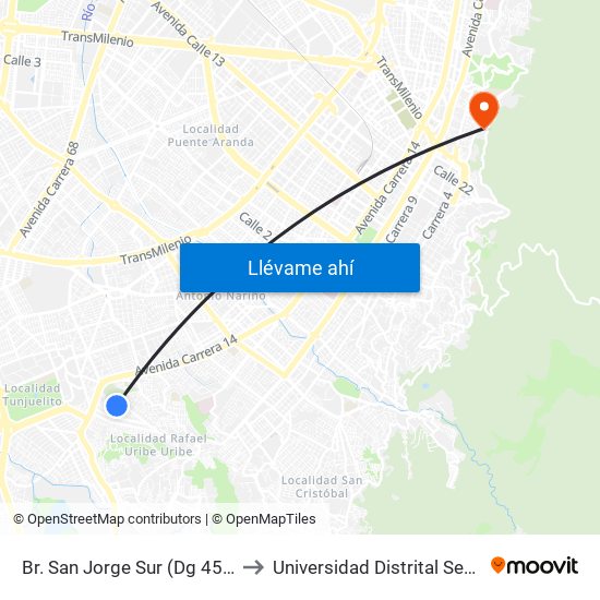 Br. San Jorge Sur (Dg 45b Sur - Tv 16b) to Universidad Distrital Sede Macarena A map