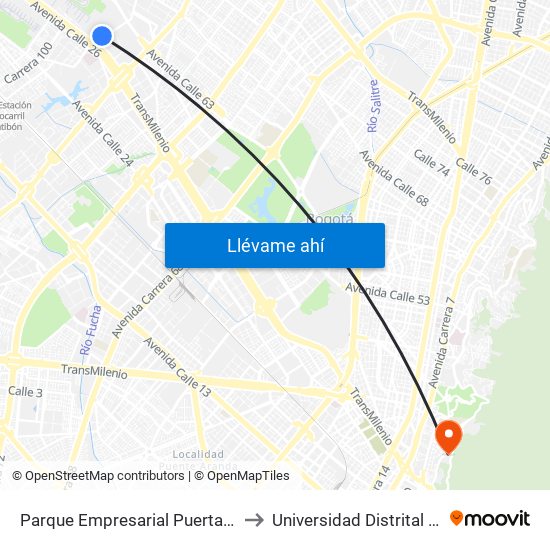 Parque Empresarial Puerta Del Sol (Tv 93 - Cl 51) to Universidad Distrital Sede Macarena A map