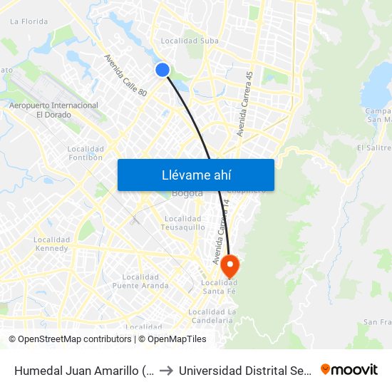 Humedal Juan Amarillo (Ak 91 - Cl 96a) to Universidad Distrital Sede Macarena A map