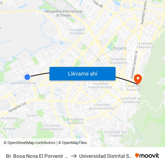 Br. Bosa Nova El Porvenir (Kr 87c - Cl 60 Sur) to Universidad Distrital Sede Macarena A map