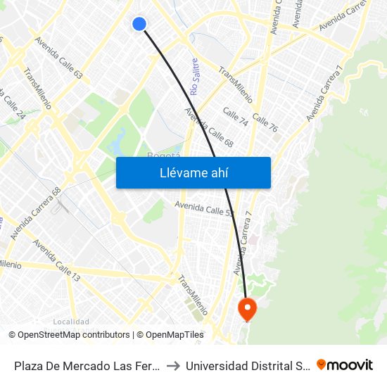 Plaza De Mercado Las Ferias (Ak 70 - Cl 73a) to Universidad Distrital Sede Macarena A map
