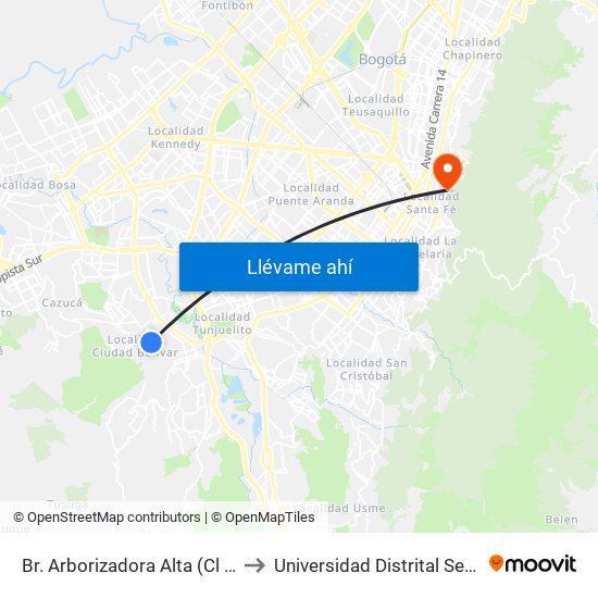 Br. Arborizadora Alta (Cl 69j Sur - Kr 32) to Universidad Distrital Sede Macarena A map