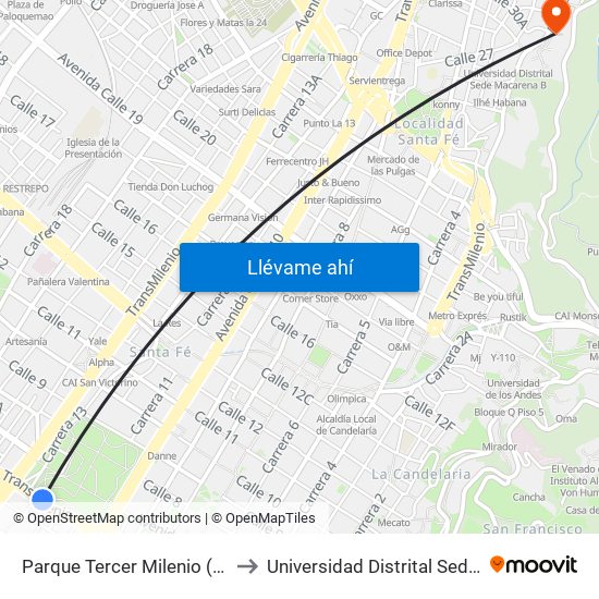 Parque Tercer Milenio (Ac 6 - Kr 12a) to Universidad Distrital Sede Macarena A map