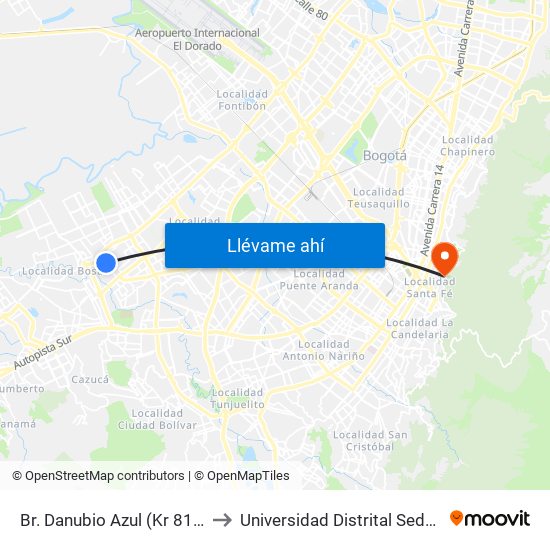 Br. Danubio Azul (Kr 81i - Cl 55 Sur) to Universidad Distrital Sede Macarena A map