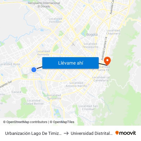 Urbanización Lago De Timiza (Av. V/cio - Cl 45 Sur) to Universidad Distrital Sede Macarena A map