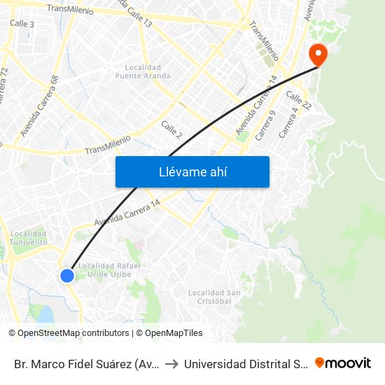 Br. Marco Fidel Suárez (Av. Caracas - Kr 14a) to Universidad Distrital Sede Macarena A map