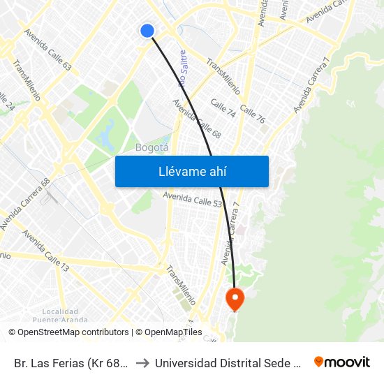 Br. Las Ferias (Kr 68h - Cl 75) to Universidad Distrital Sede Macarena A map