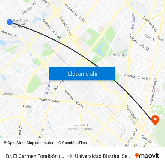 Br. El Carmen Fontibón (Cl 17 - Kr 100) to Universidad Distrital Sede Macarena A map