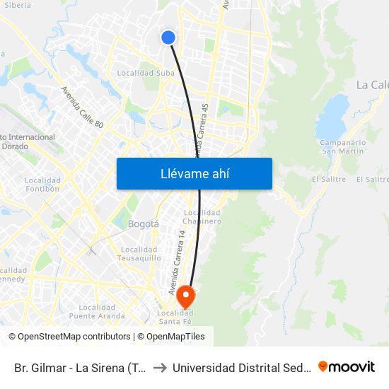 Br. Gilmar - La Sirena (Tv 77 - Cl 160) to Universidad Distrital Sede Macarena A map