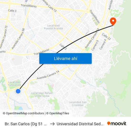 Br. San Carlos (Dg 51 Sur - Kr 18c) to Universidad Distrital Sede Macarena A map