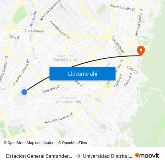 Estación General Santander (Auto Sur - Kr 50 Bis A) to Universidad Distrital Sede Macarena A map