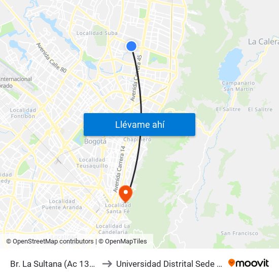 Br. La Sultana (Ac 134 - Kr 53b) to Universidad Distrital Sede Macarena A map