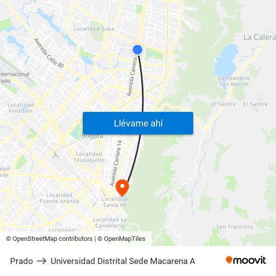 Prado to Universidad Distrital Sede Macarena A map