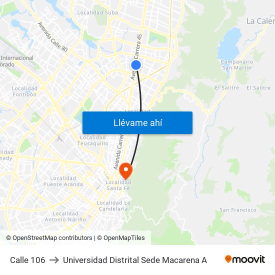 Calle 106 to Universidad Distrital Sede Macarena A map