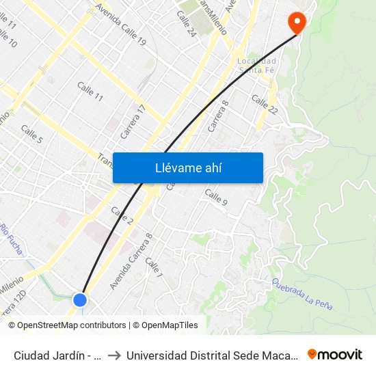 Ciudad Jardín - Uan to Universidad Distrital Sede Macarena A map