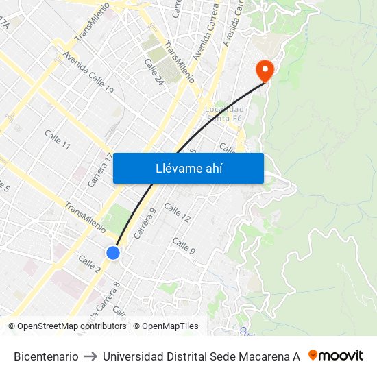 Bicentenario to Universidad Distrital Sede Macarena A map