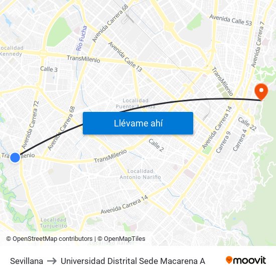 Sevillana to Universidad Distrital Sede Macarena A map