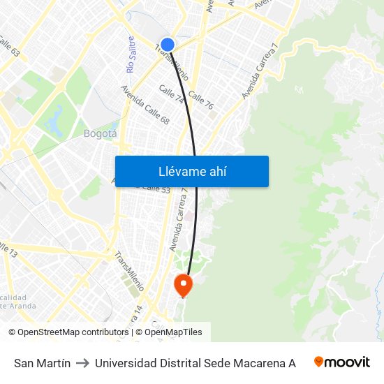 San Martín to Universidad Distrital Sede Macarena A map