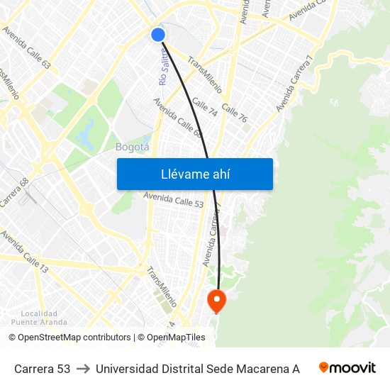 Carrera 53 to Universidad Distrital Sede Macarena A map