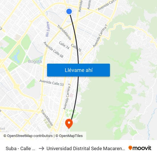 Suba - Calle 95 to Universidad Distrital Sede Macarena A map