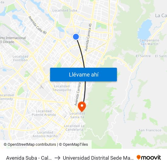 Avenida Suba - Calle 116 to Universidad Distrital Sede Macarena A map
