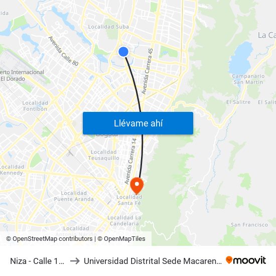 Niza - Calle 127 to Universidad Distrital Sede Macarena A map