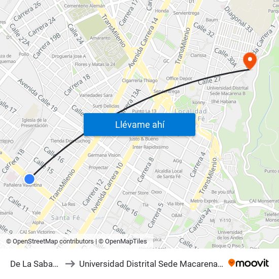 De La Sabana to Universidad Distrital Sede Macarena A map