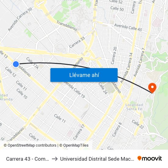 Carrera 43 - Comapan to Universidad Distrital Sede Macarena A map